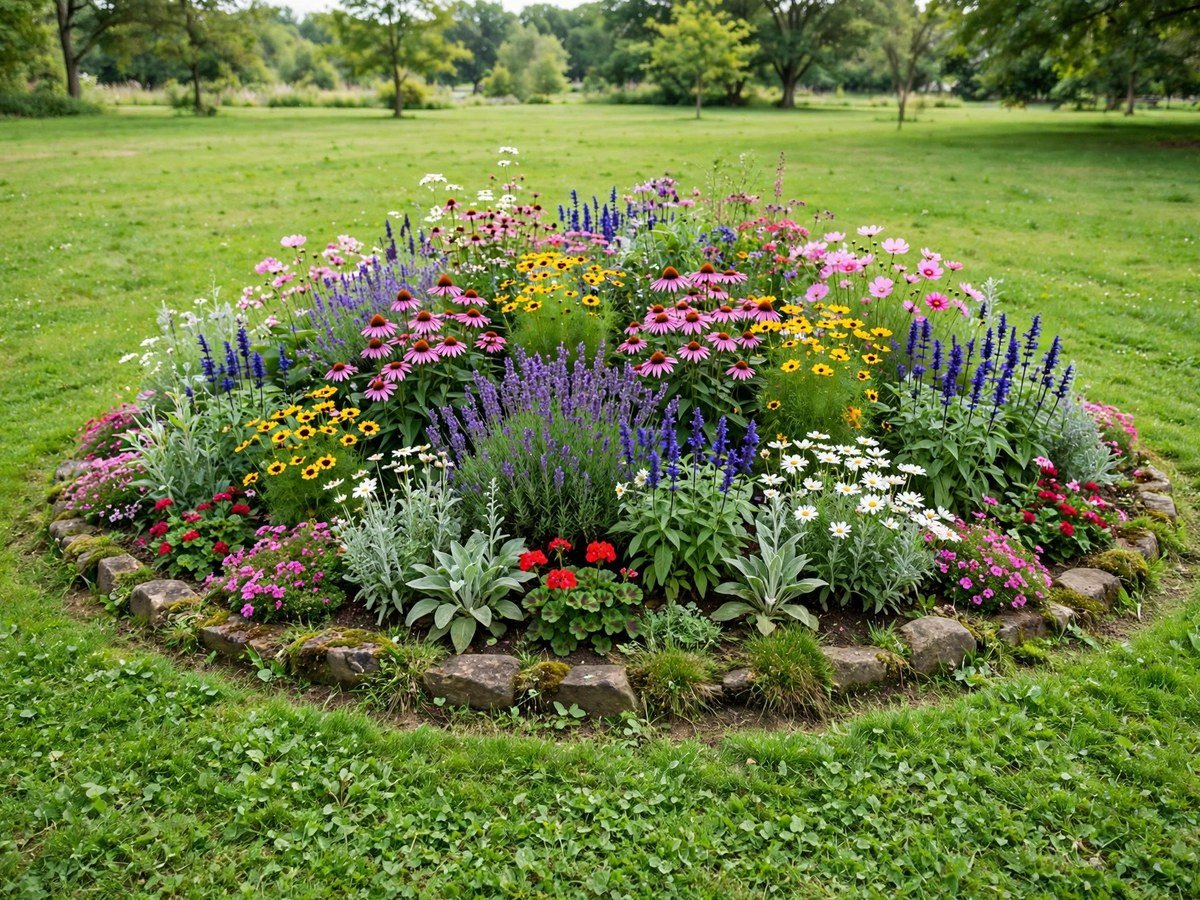Flower Garden Layout Ideas Rounded island flower bed with layered perennials in a green lawn