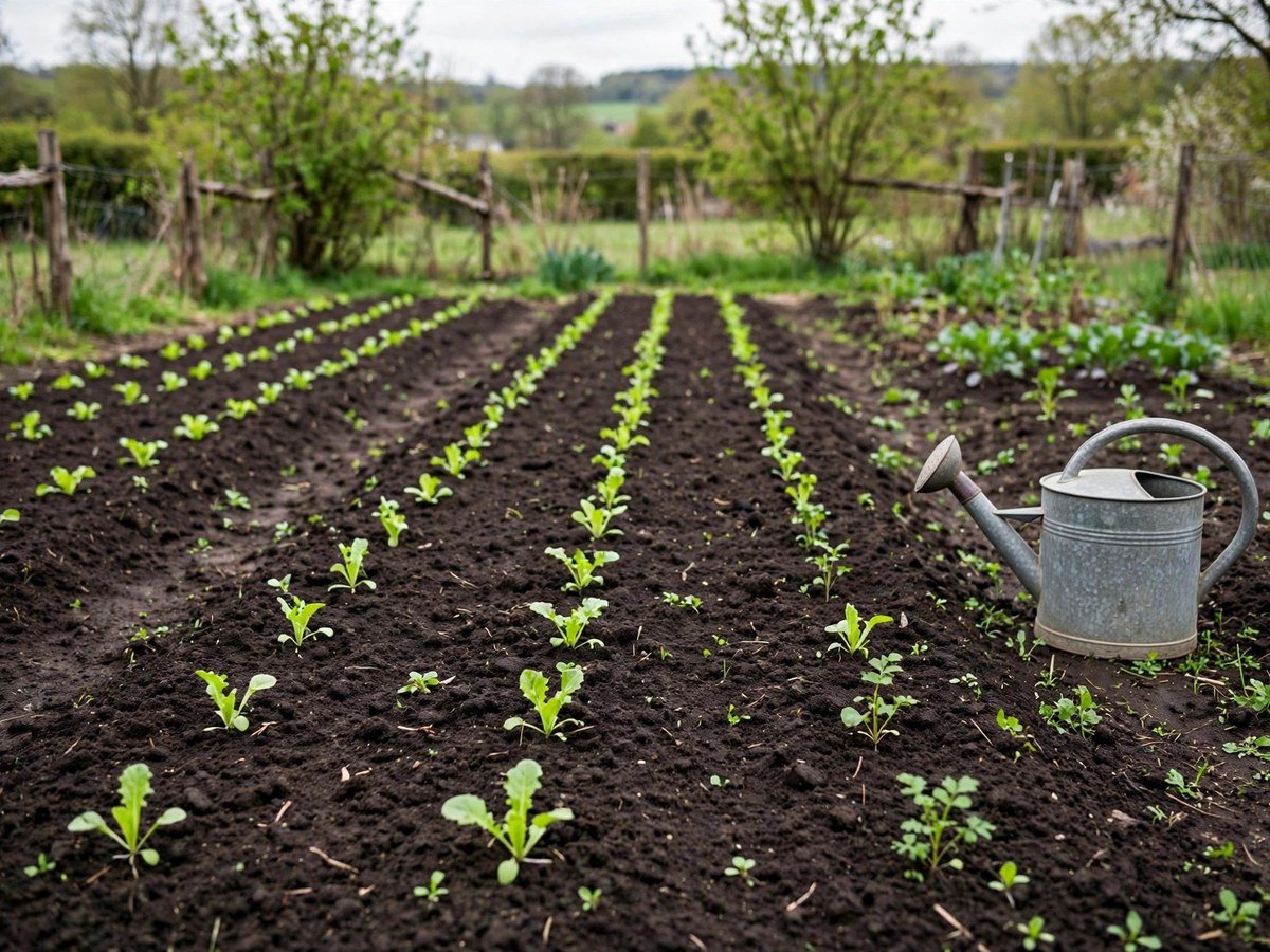 Home vegetable garden with neat rows of young seedlings in dark soil