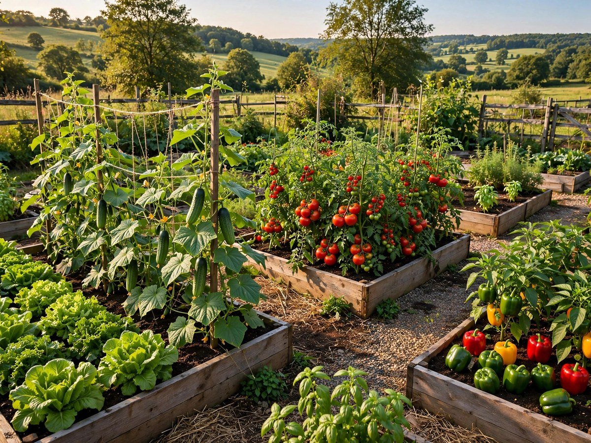 Thriving kitchen garden with raised beds of tomatoes, peppers, lettuce and cucumbers