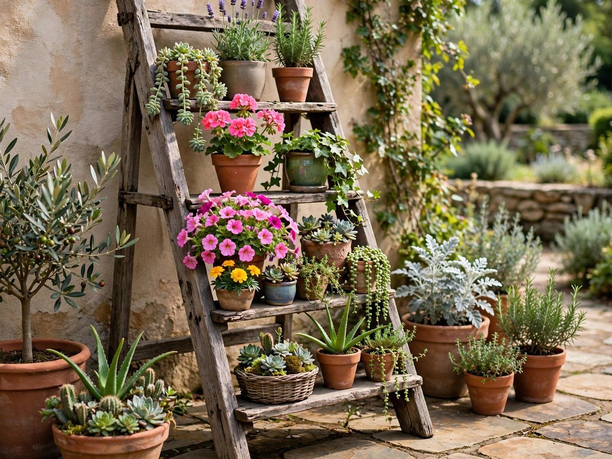 Wooden ladder shelves displaying potted plants on a patio