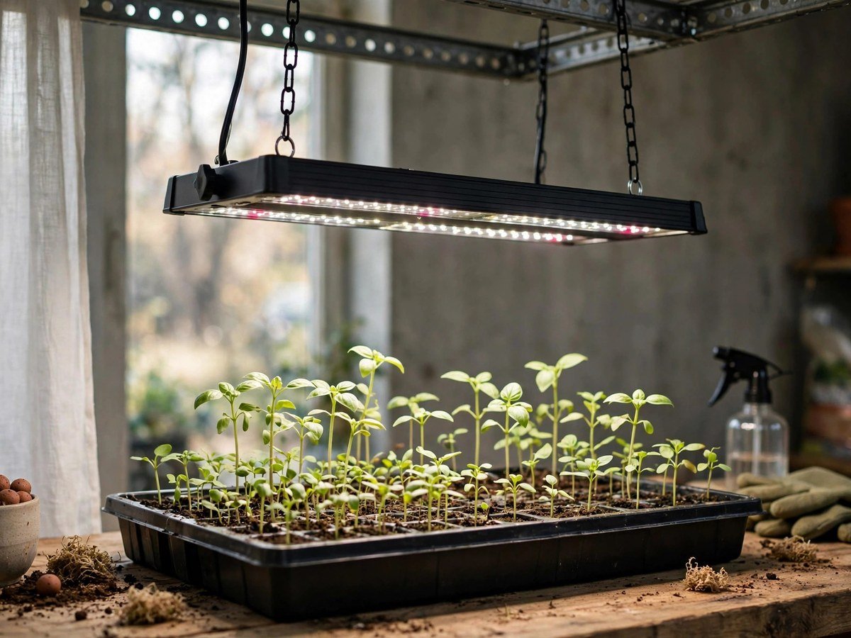 Indoor Plant Lighting Guide Adjustable grow lamp hanging above young indoor plants