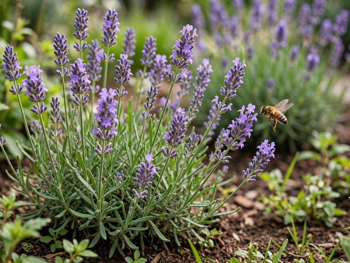 Blooming purple lavender plants in a garden bed with a bee