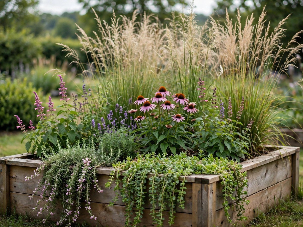 Compact Garden Inspiration Layered planting in a small raised bed with tall, medium and trailing plants