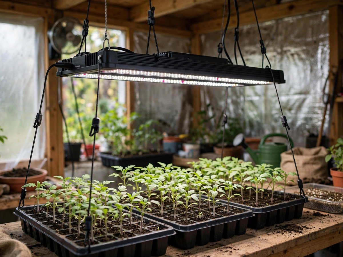 Best LED Grow Lights for Plants LED grow light hanging on adjustable ropes above tomato seedlings indoors
