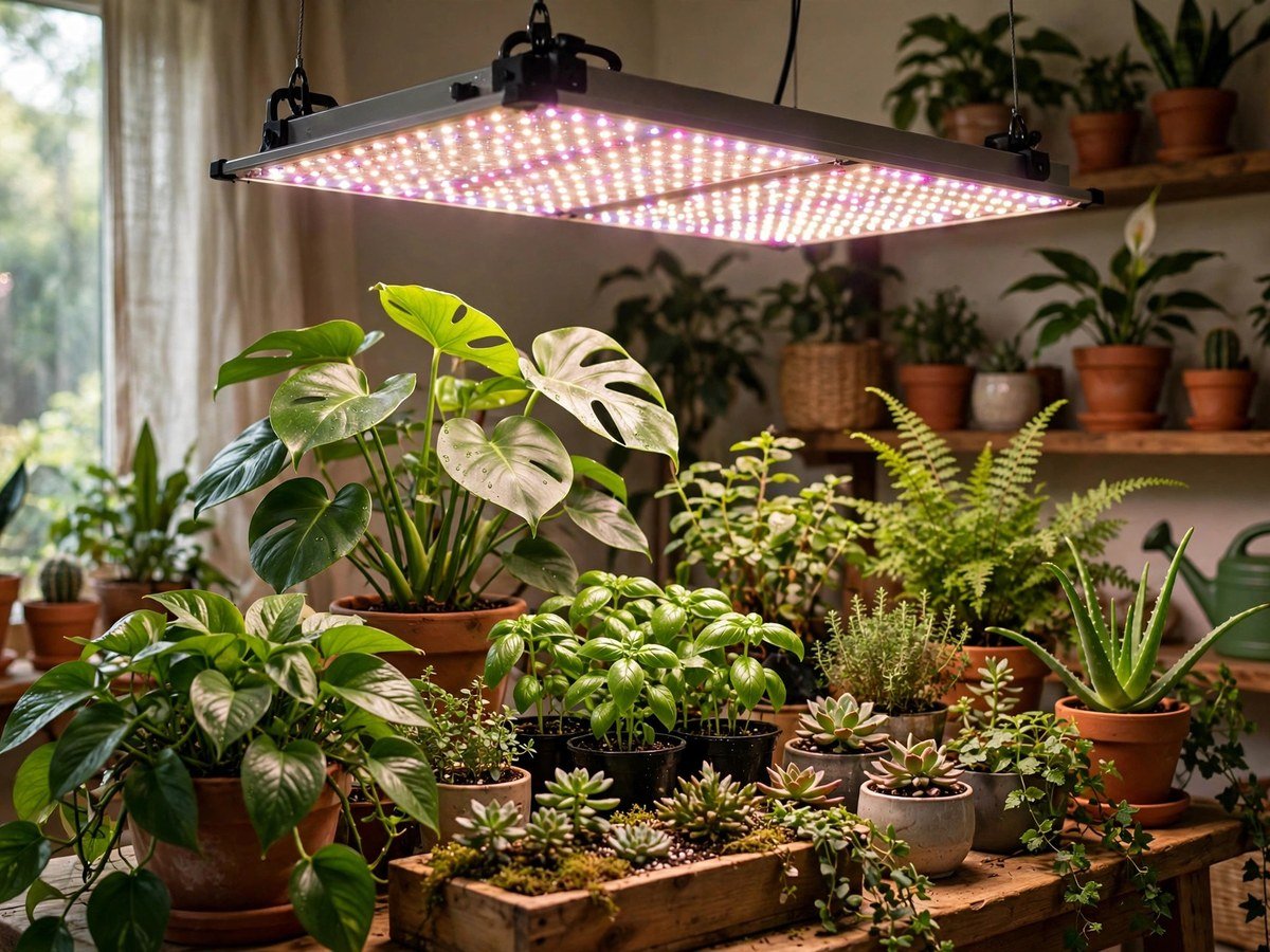 Best LED Grow Lights for Plants Full-spectrum LED grow light panel glowing above thriving green houseplants