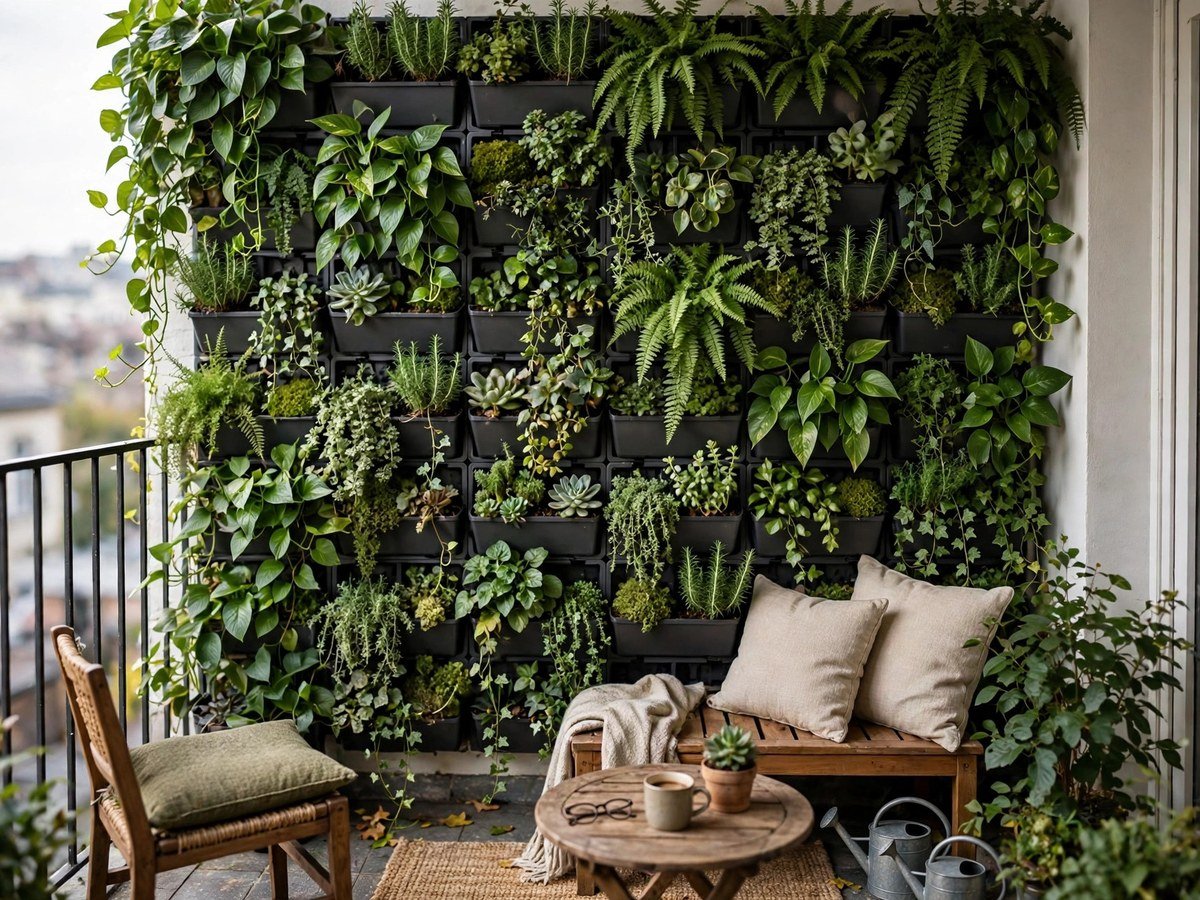 Lush living plant wall installed on a tiny apartment balcony