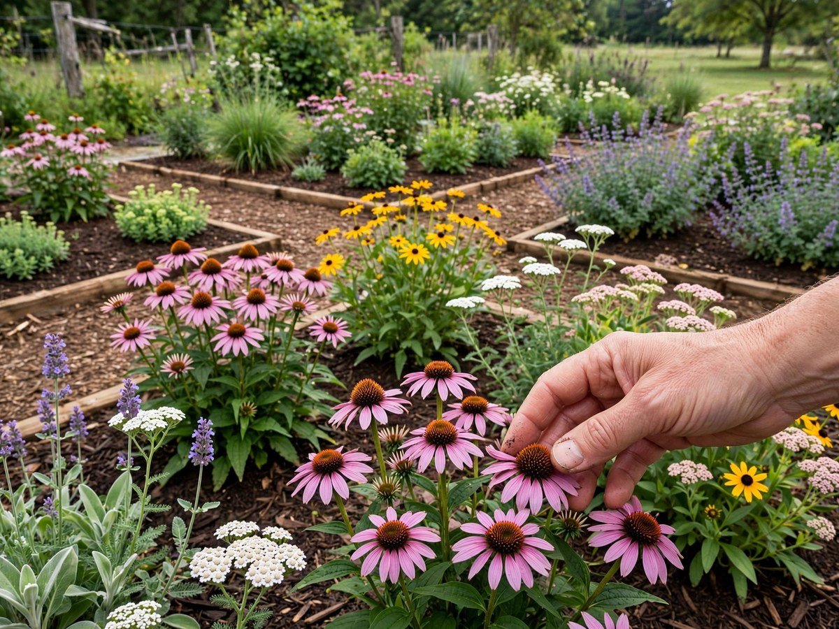Low Maintenance Flower Gardens Easy-care flower garden with mulched beds and hardy perennials