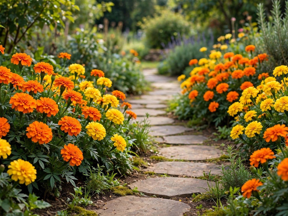 Best Flowering Plants for Every Garden Bright orange and yellow marigolds edging a garden path