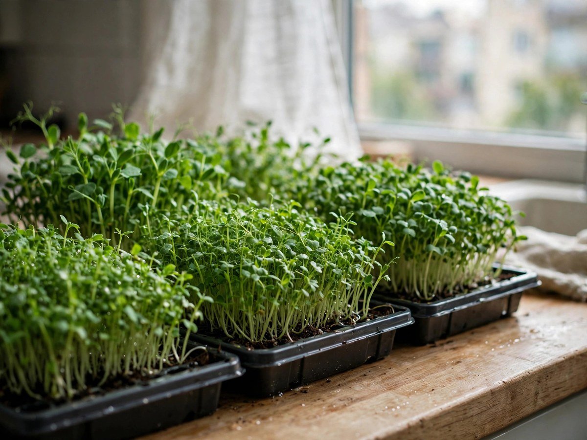 Vibrant microgreen trays growing on an apartment kitchen counter