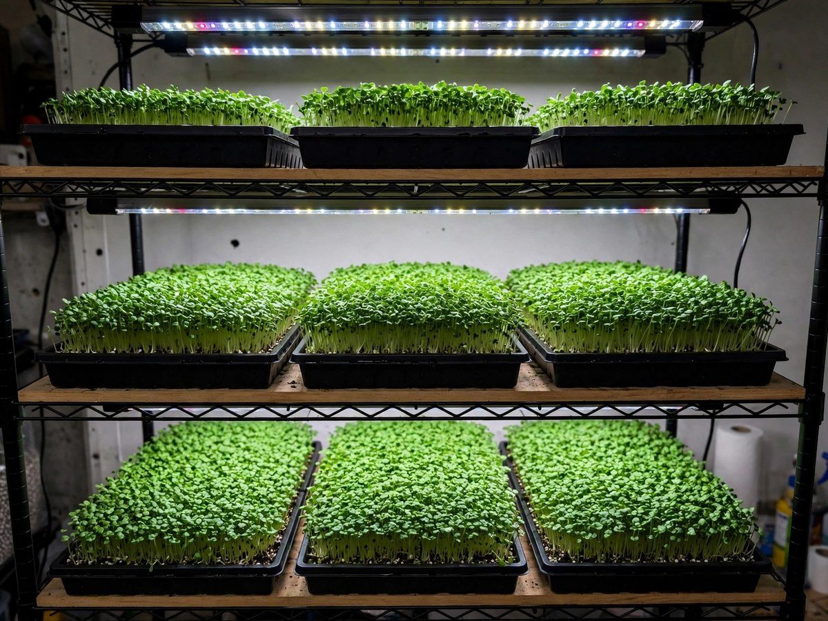 Winter Indoor Gardening with Grow Lights Trays of vibrant green microgreens sprouting under LED grow lights indoors