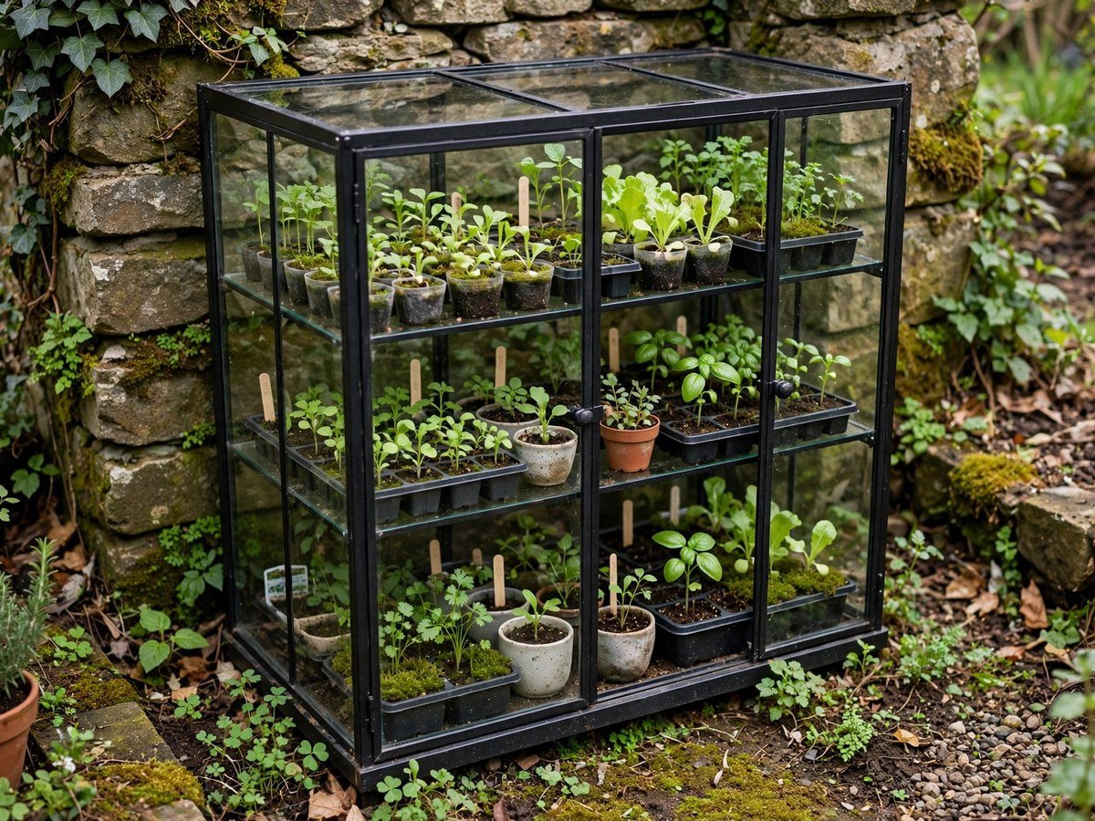 Compact Garden Inspiration Mini greenhouse cabinet filled with seedlings in a compact garden corner