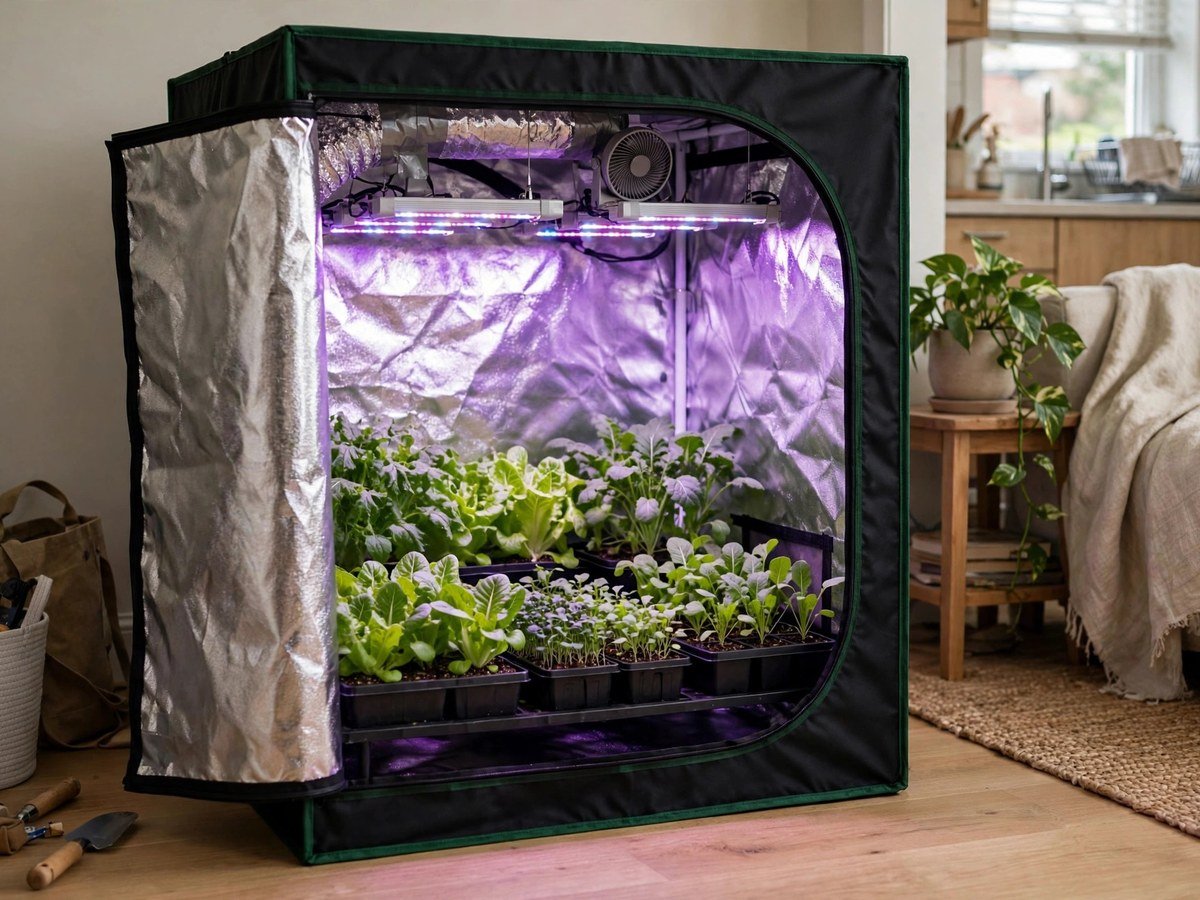 Winter Indoor Gardening with Grow Lights Small indoor grow tent with leafy vegetables under LED grow lights