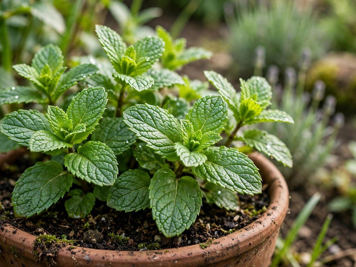 Best Kitchen Herbs for Beginners Vibrant fresh mint leaves growing in a pot in a garden