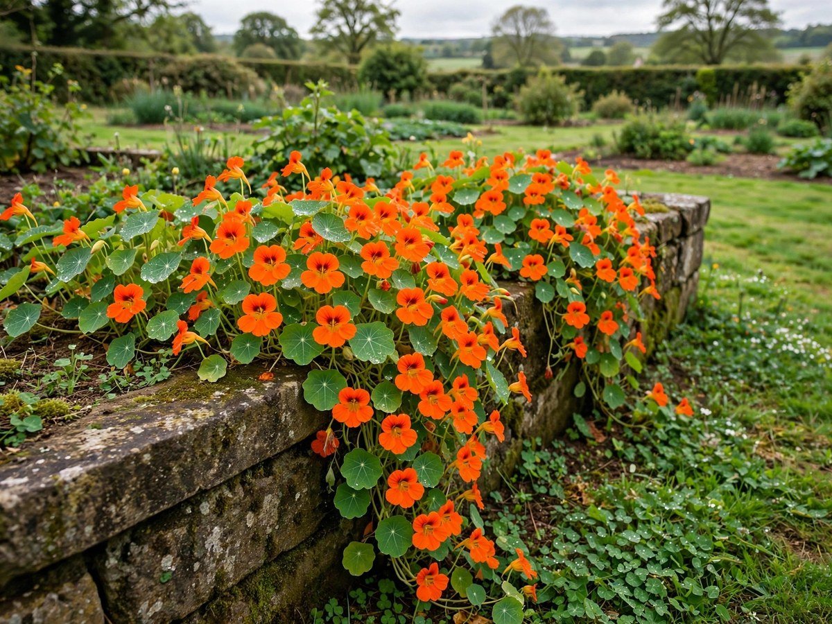 Easy Flowers to Grow at Home Bright orange nasturtium flowers trailing over a garden bed edge