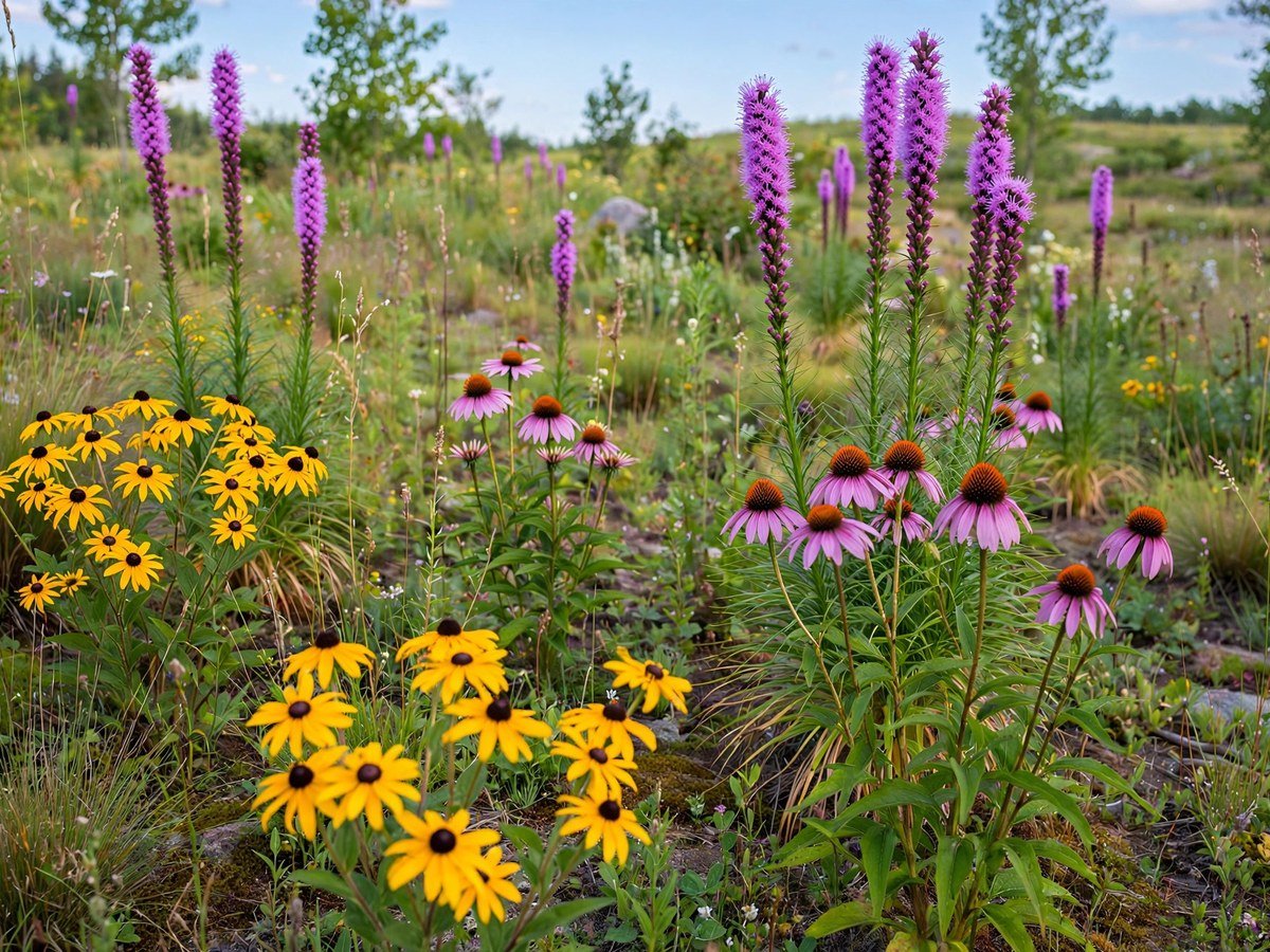 Low Maintenance Flower Gardens Native perennial wildflowers blooming in a naturalistic garden