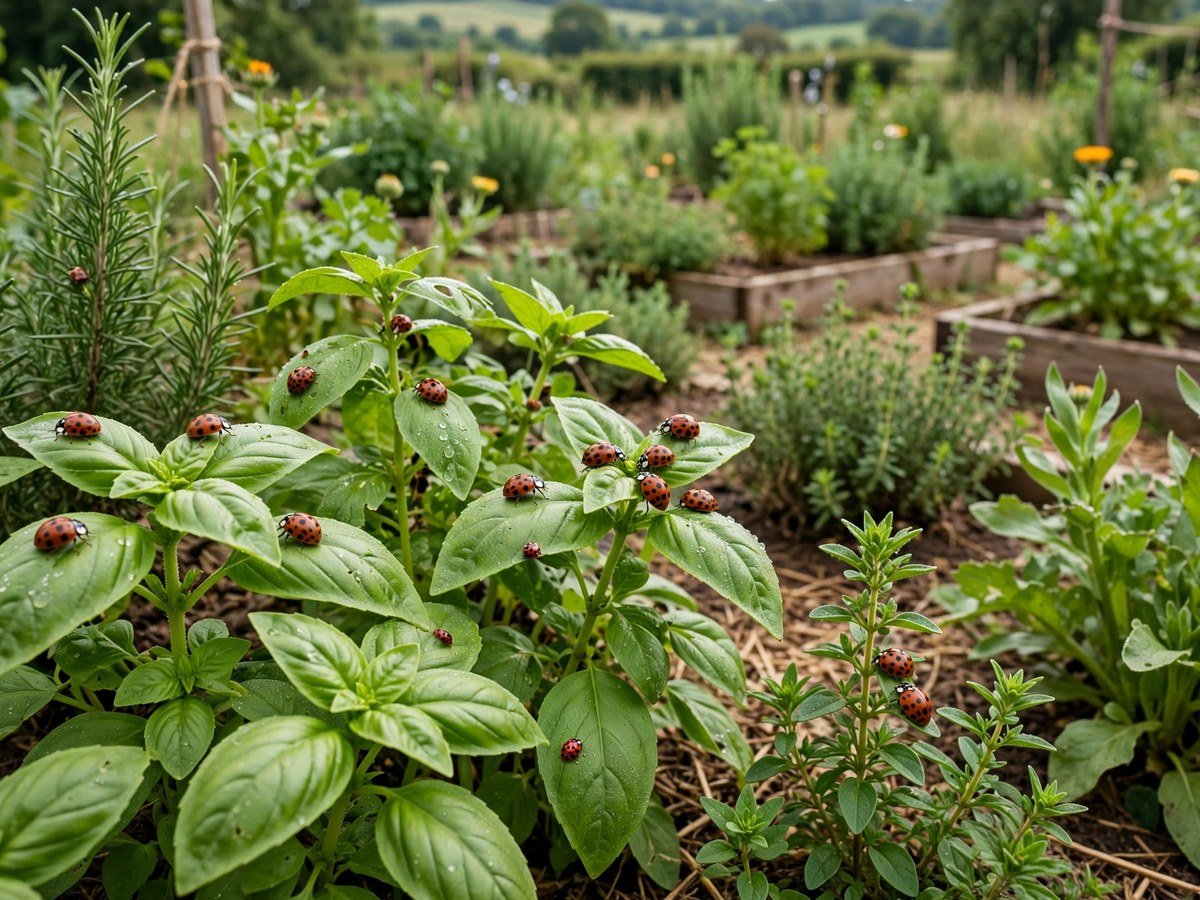 Ladybugs on herb leaves providing natural pest control in a garden