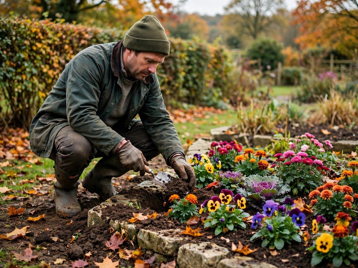 6 Surefire Flowers to Plant in October for a Garden Brimming With Blooms Gardener planting colorful autumn bedding flowers in a garden border in October