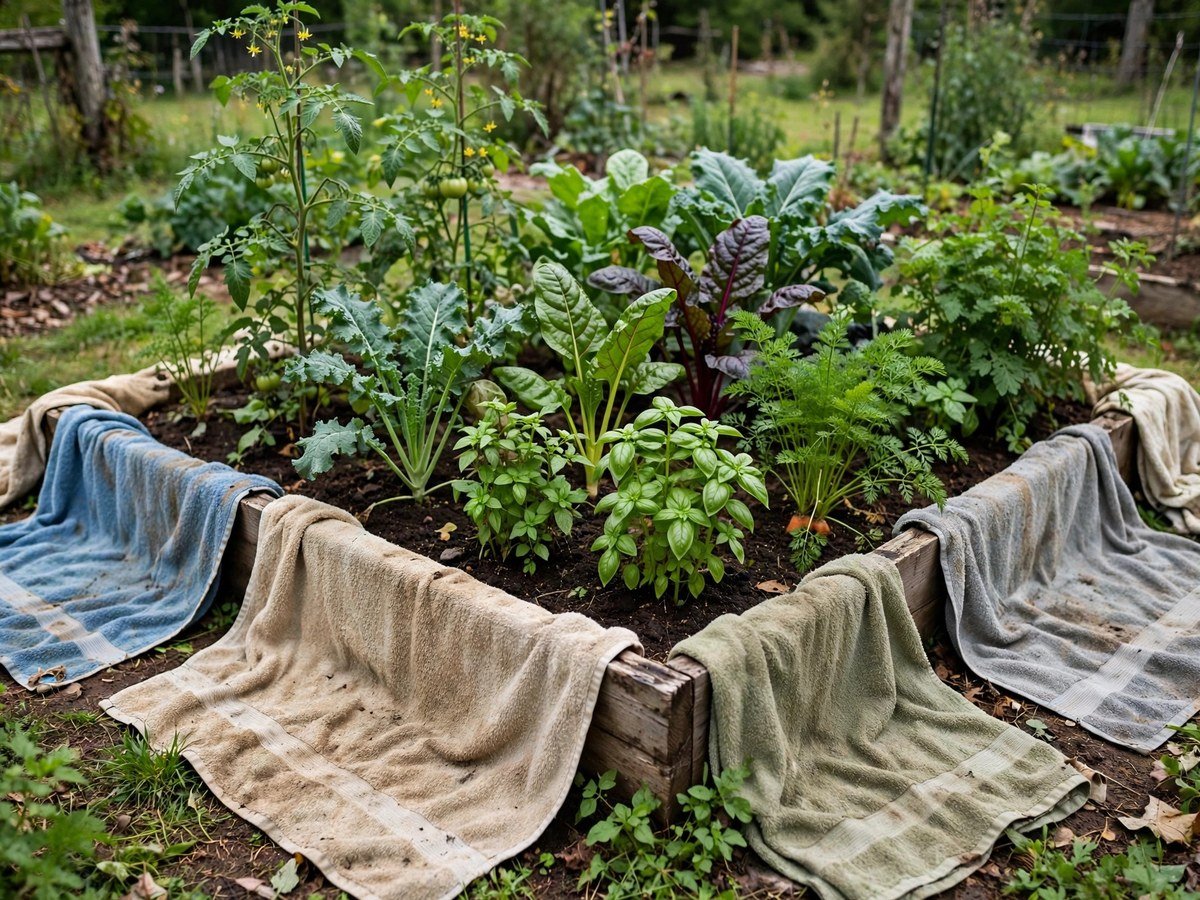 Old bath towels being reused around a thriving vegetable garden bed