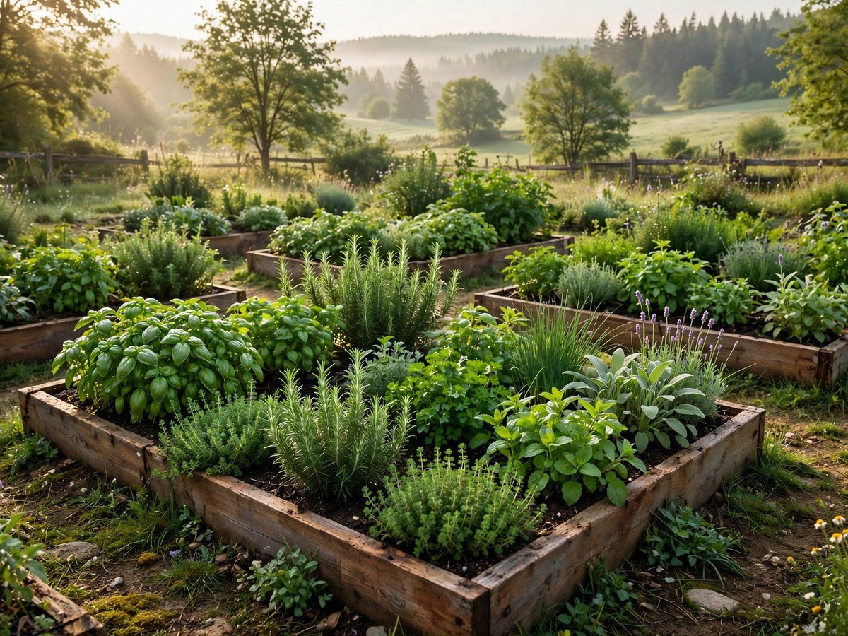 Raised garden beds full of healthy organic herbs in morning sunlight