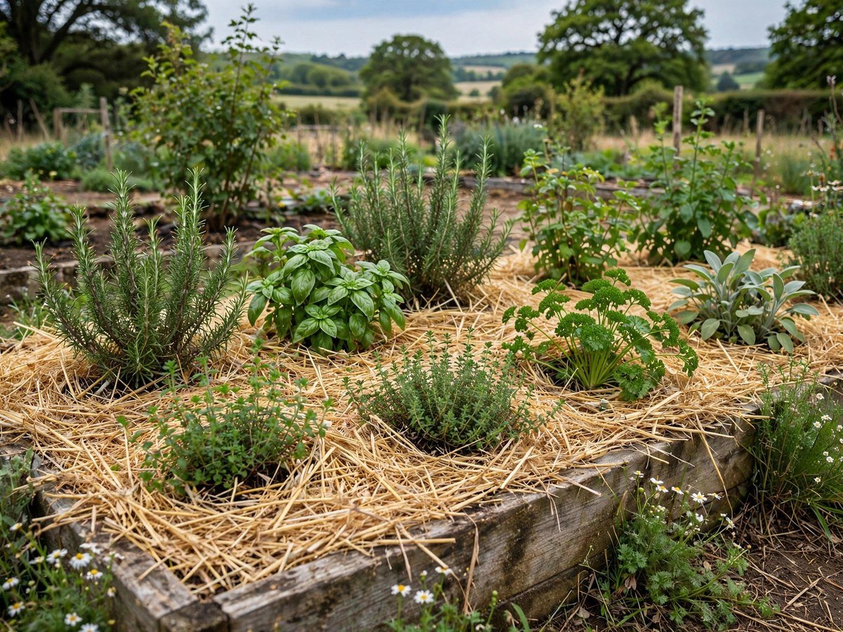 Straw mulch spread around herb plants in an organic garden bed