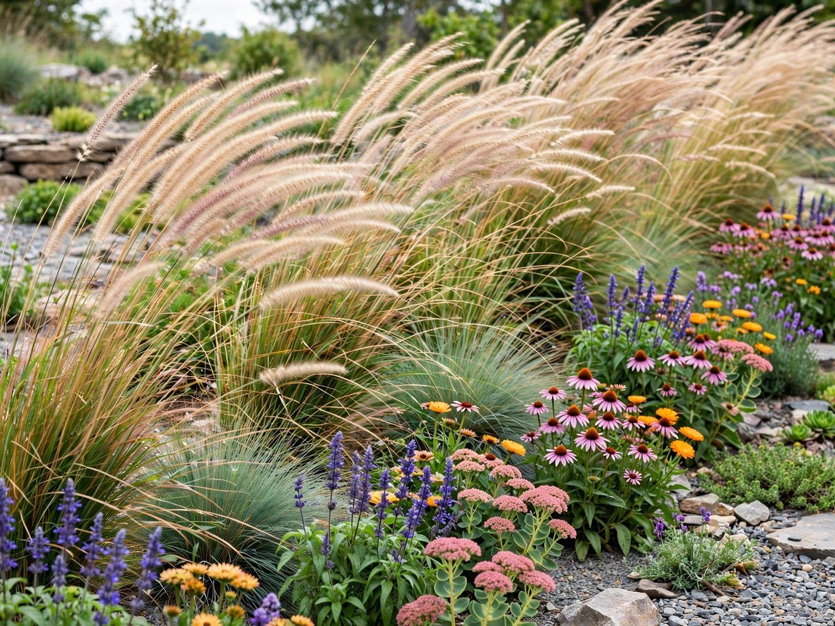 Low Maintenance Flower Gardens Ornamental grasses swaying beside colorful flower borders