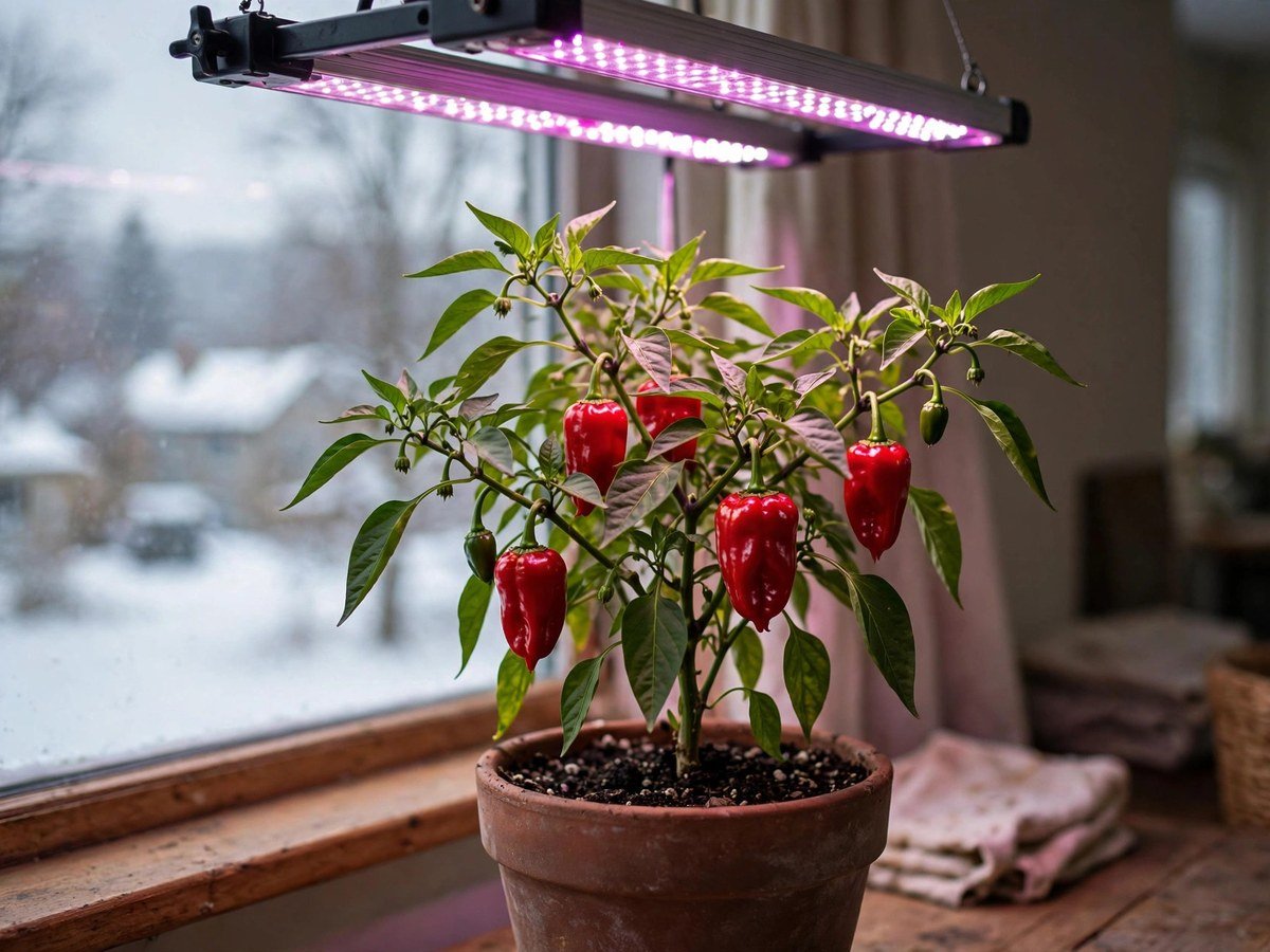 Winter Indoor Gardening with Grow Lights Potted pepper plant with red peppers overwintering indoors under a grow light