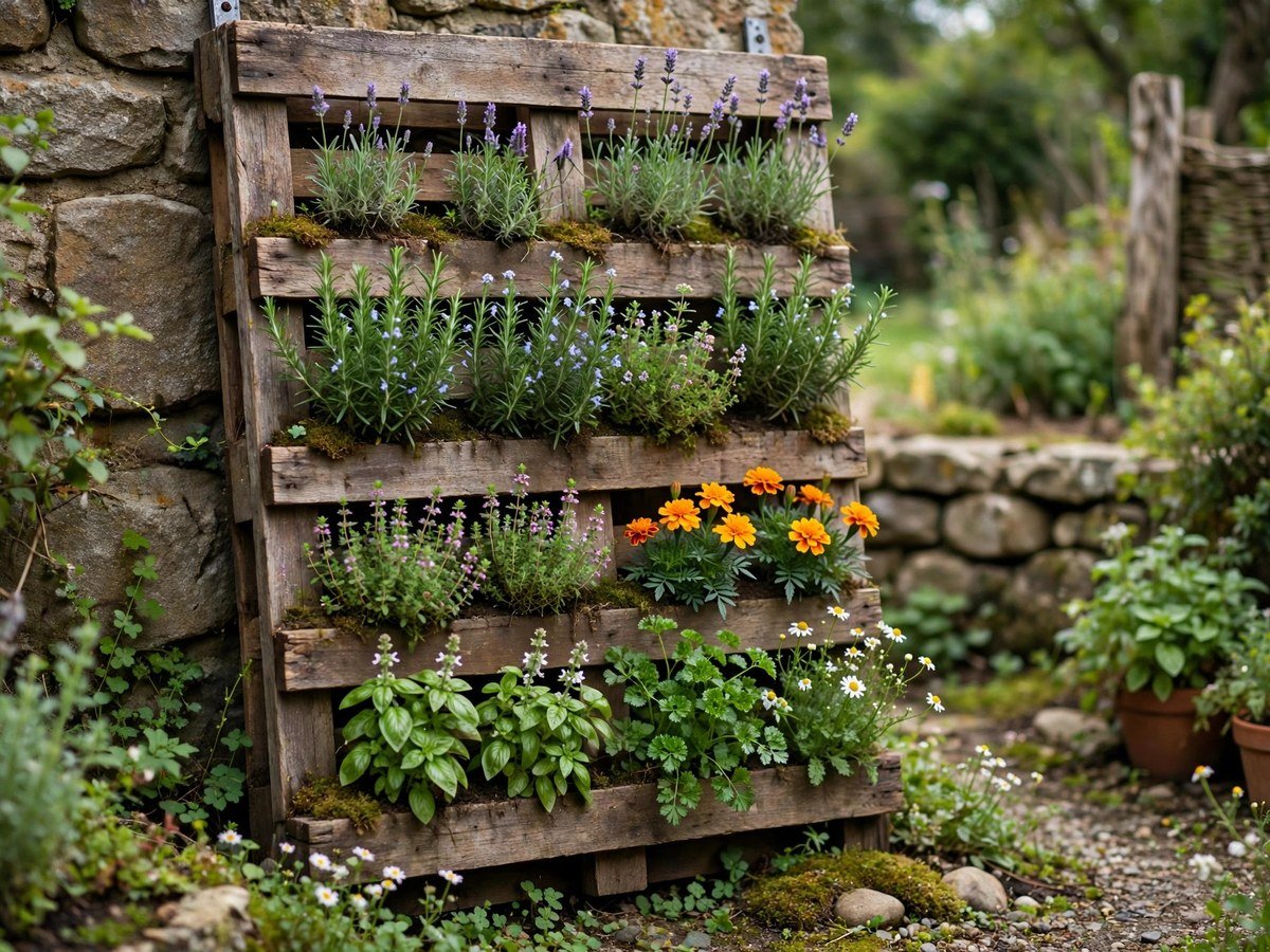 Wooden pallet planted vertically with herbs and flowers