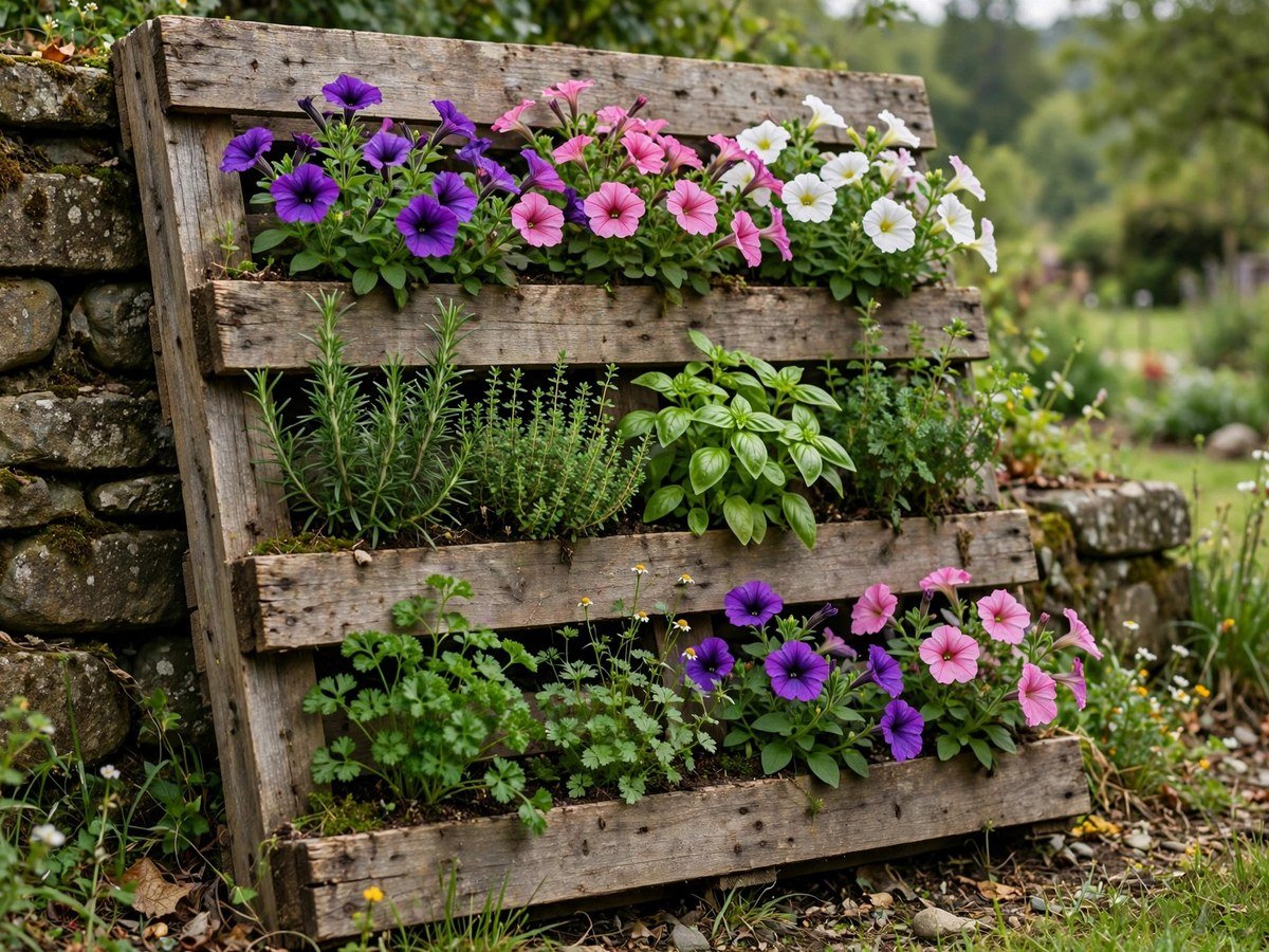DIY Vertical Garden Projects Wooden pallet planter filled with colorful flowers leaning on a wall