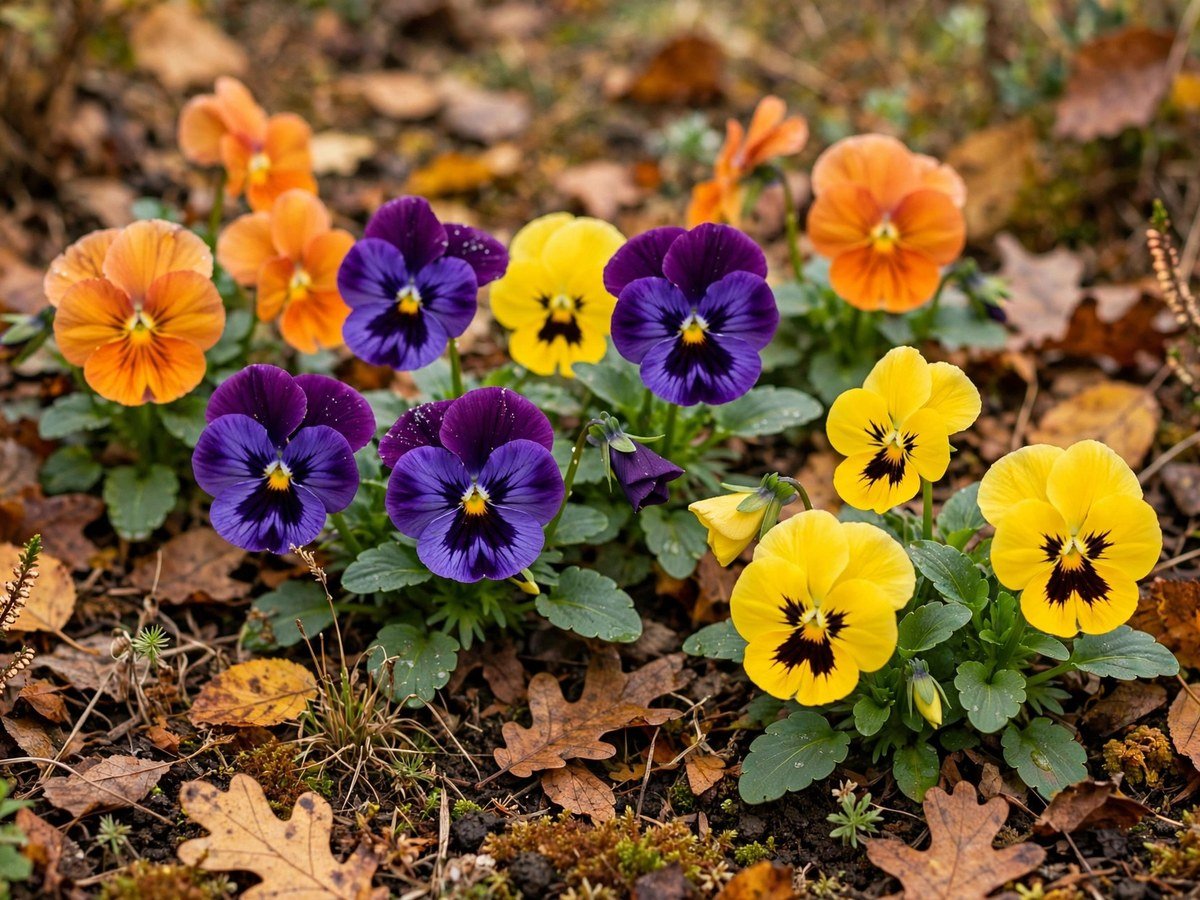 6 Surefire Flowers to Plant in October for a Garden Brimming With Blooms Colorful pansy flowers in purple, yellow and orange blooming in an autumn garden