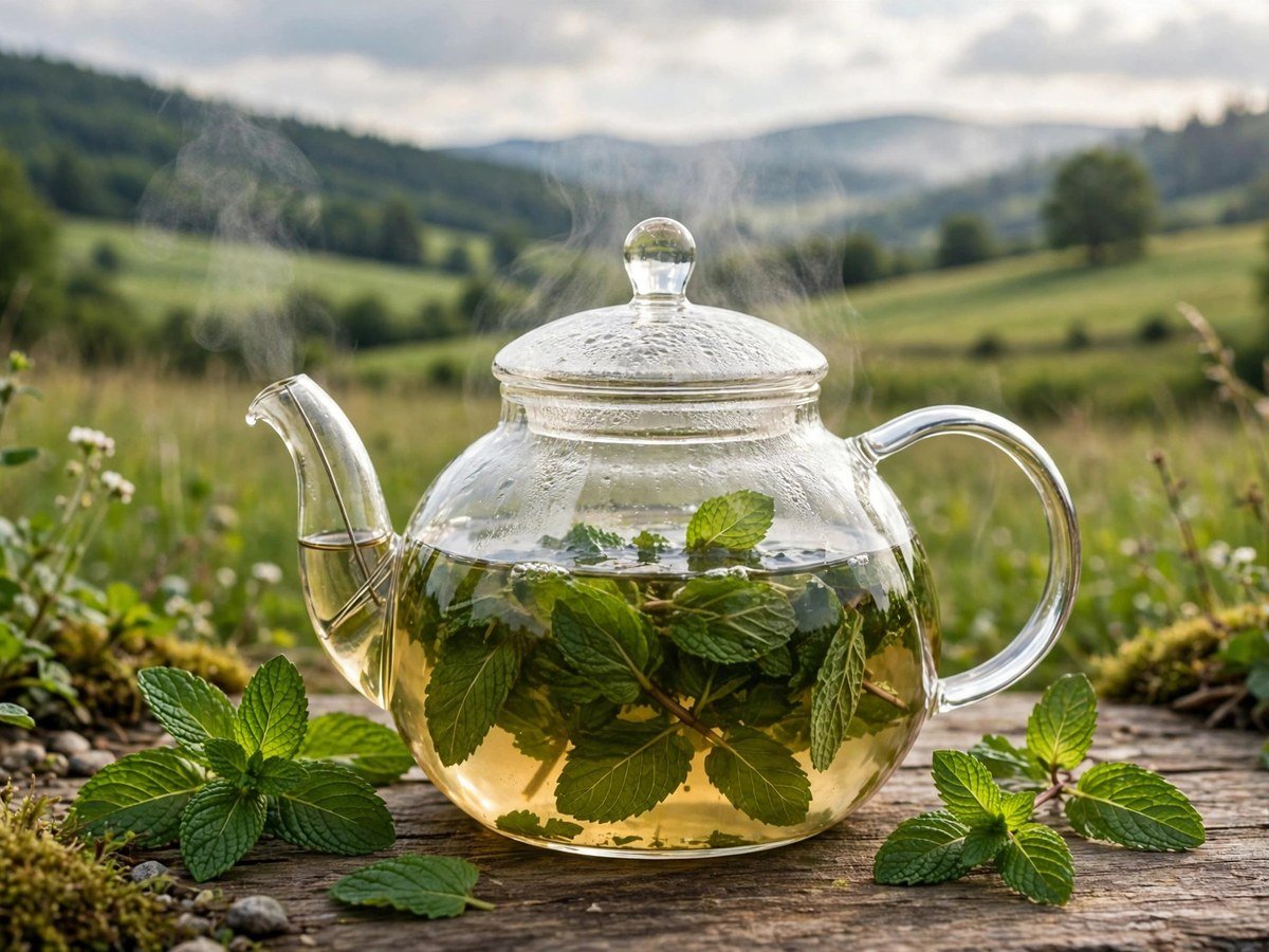 Homegrown Herbal Remedies Fresh peppermint tea brewing in a glass teapot