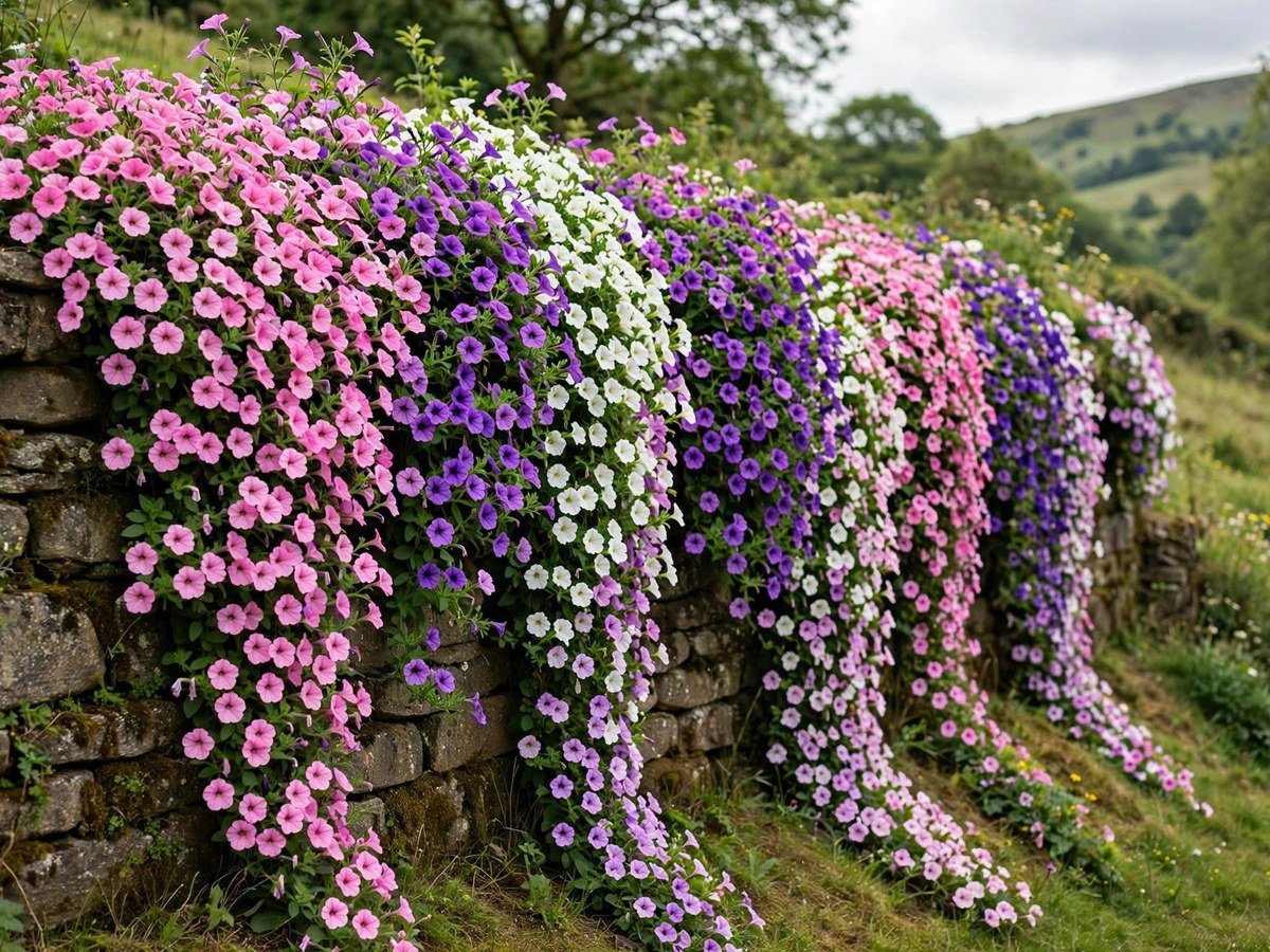Colorful Garden Flowers You'll Love Pink, purple and white petunias cascading from a garden bed