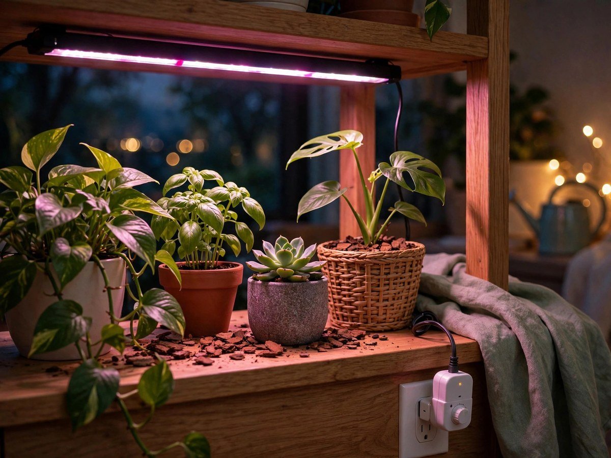 Indoor Plant Lighting Guide Indoor plants under a grow light with a timer plug nearby