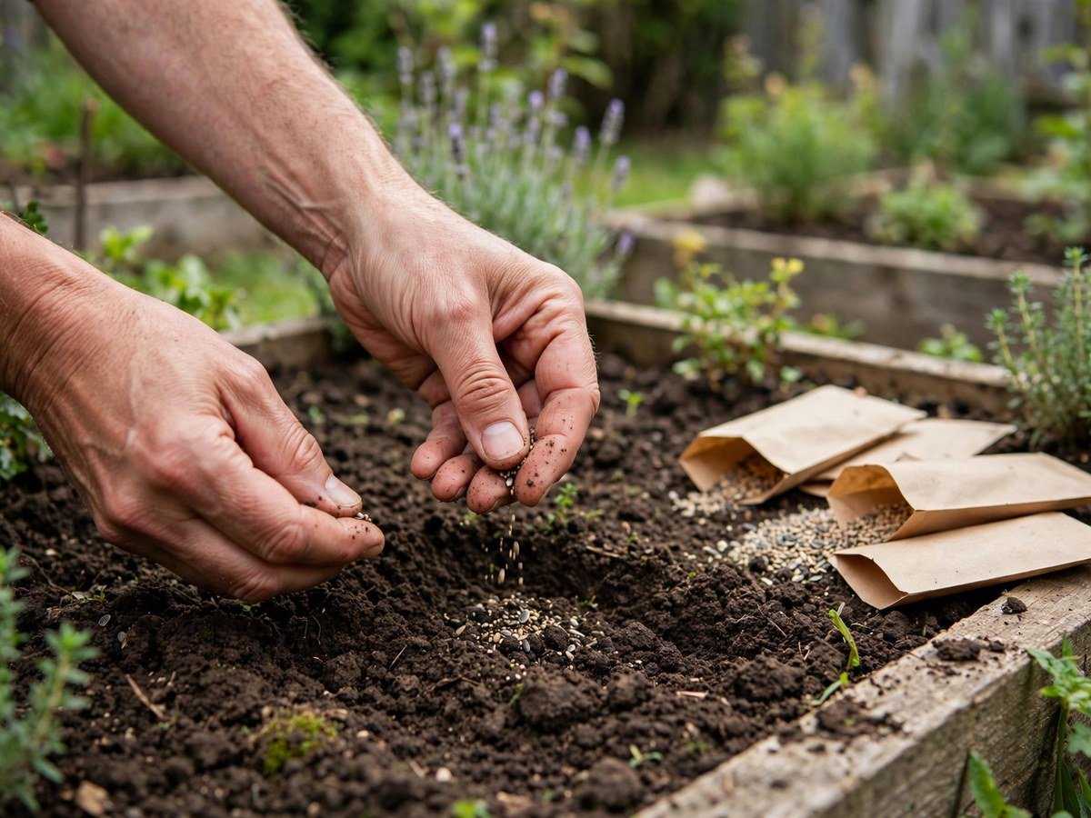 Easy Flowers to Grow at Home Hands sowing flower seeds into soil in a home garden bed