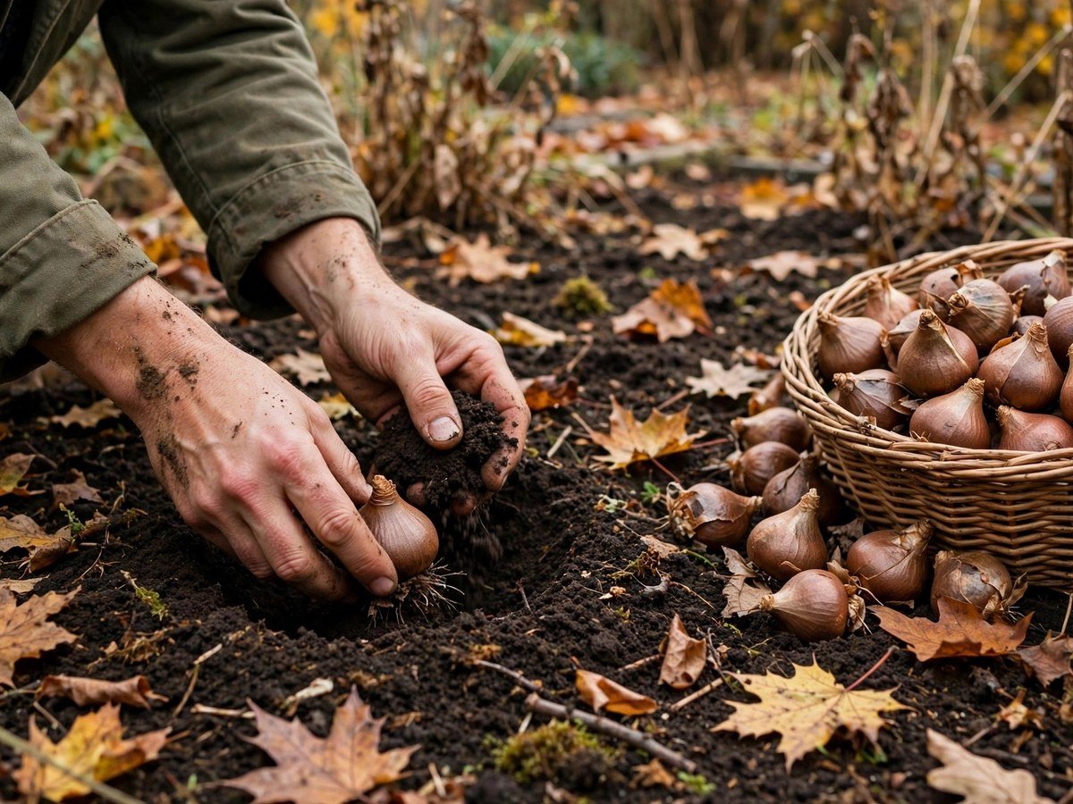 Gardener's hands planting flower bulbs in dark garden soil in October