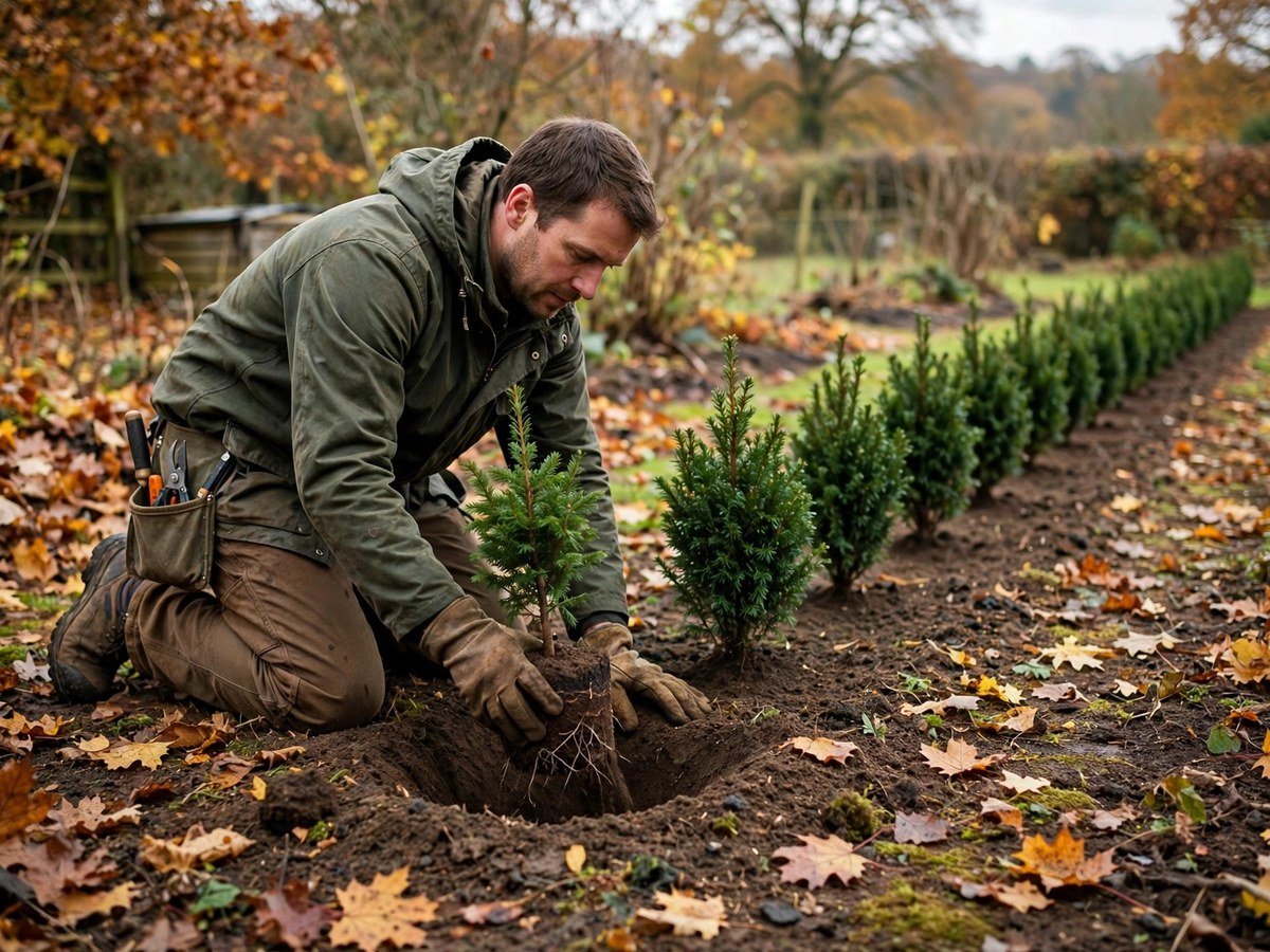 Gardener planting young evergreen hedge shrubs in a row in autumn