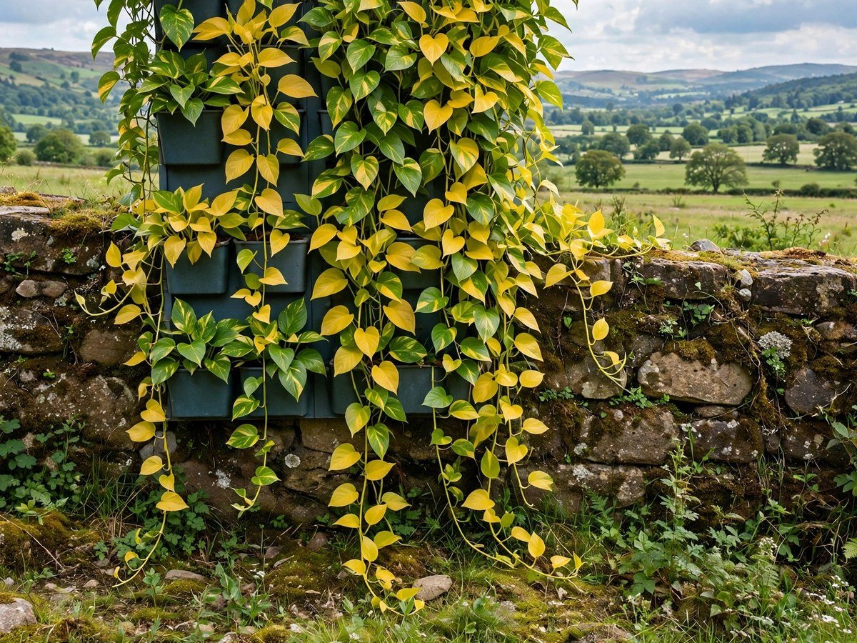 Golden pothos vines trailing down from a vertical wall planter