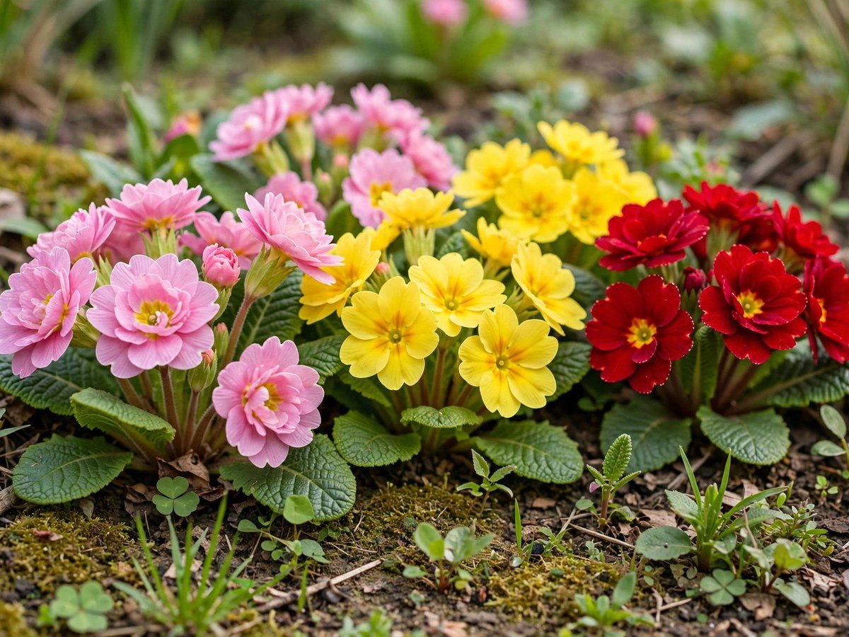 6 Surefire Flowers to Plant in October for a Garden Brimming With Blooms Colorful primrose flowers in pink, yellow and red in a spring garden bed