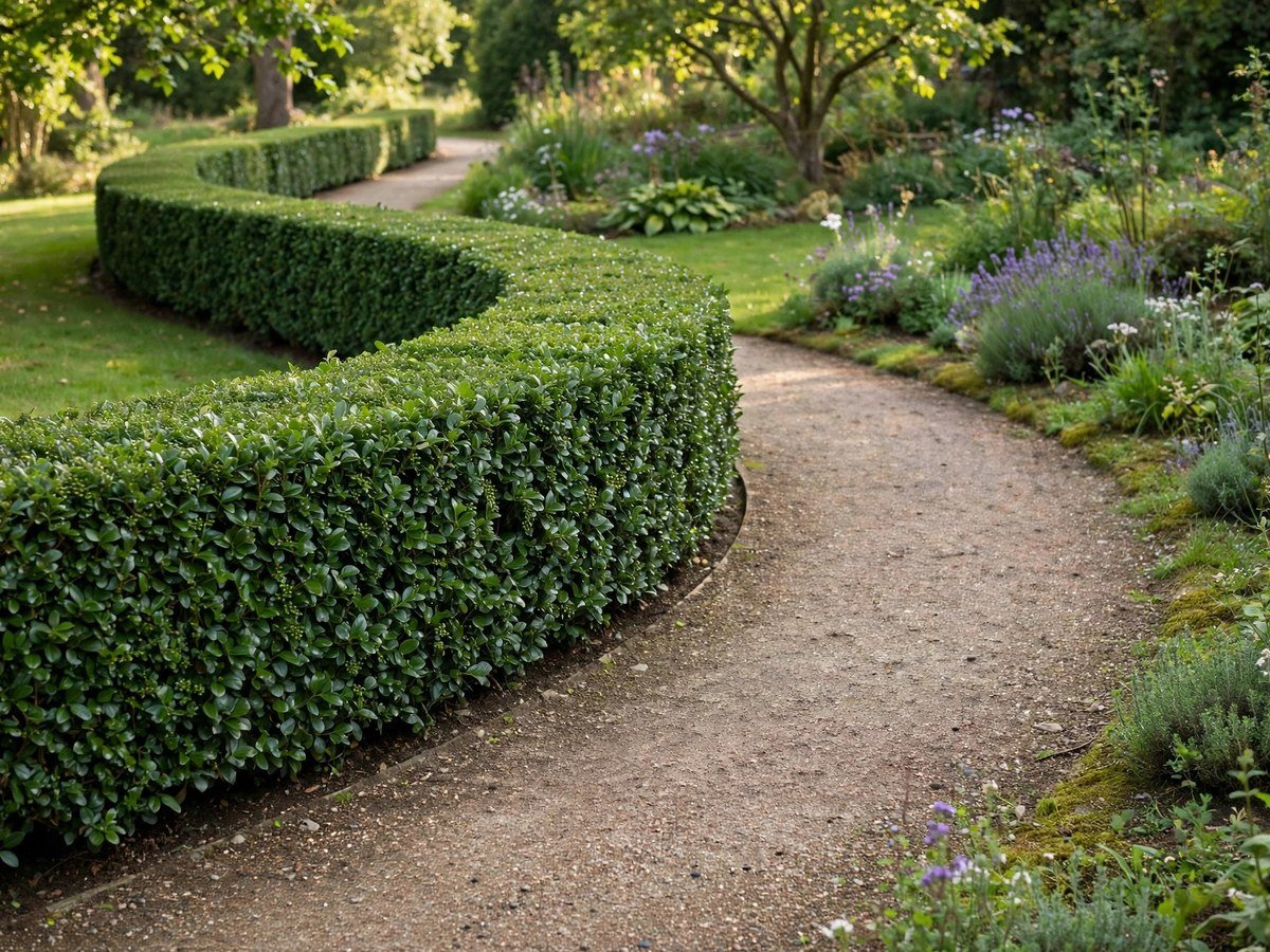 Neatly trimmed privet hedge bordering a curved garden path