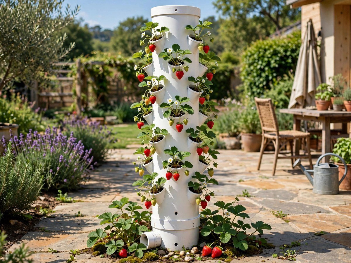 DIY Vertical Garden Projects PVC pipe tower planter growing strawberries on a patio