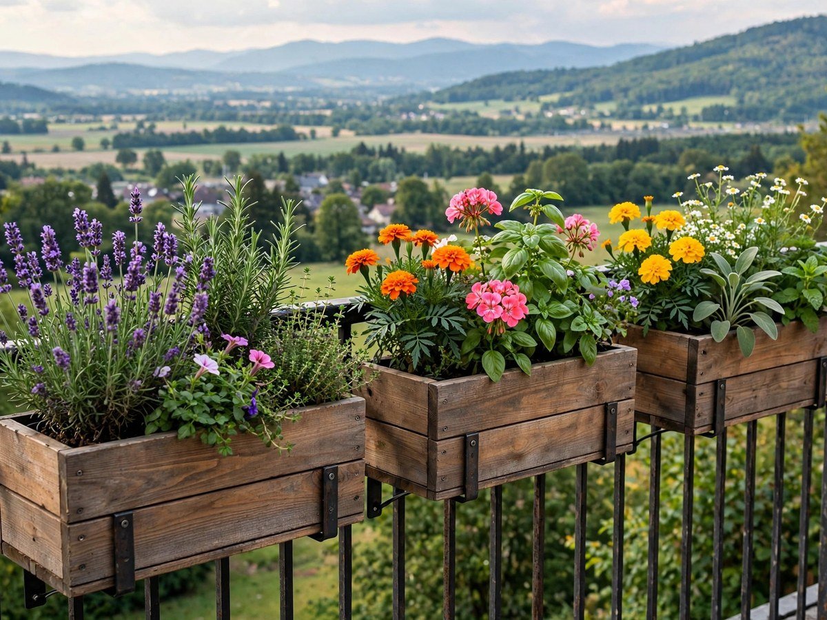 Planter boxes on a balcony railing full of herbs
