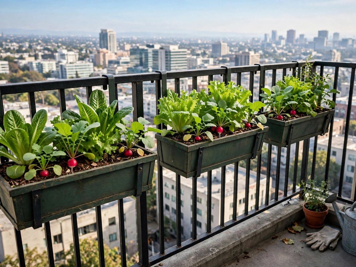 Vegetable planters hooked over a balcony railing