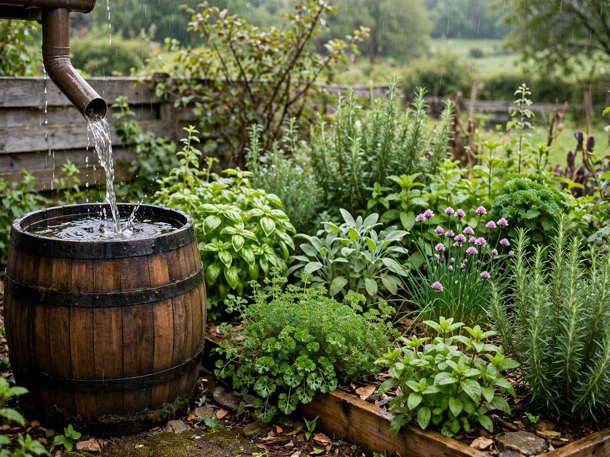 Rain barrel collecting rainwater beside a thriving organic herb garden