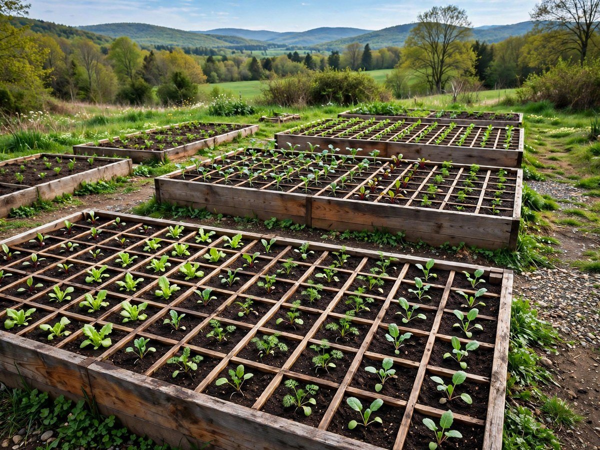 Space-Saving Garden Designs Wooden raised beds divided into neat square planting grids