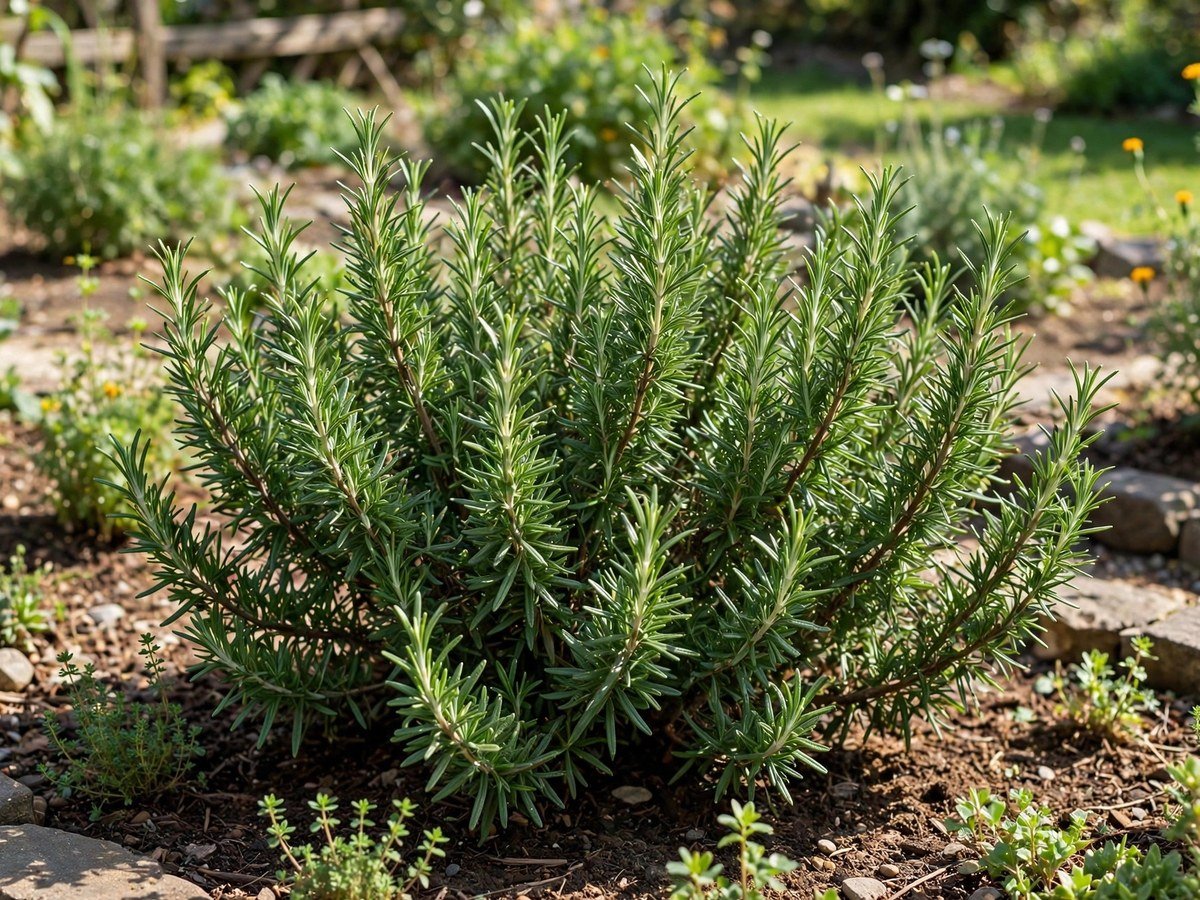 Best Kitchen Herbs for Beginners Healthy rosemary bush with needle-like leaves in a sunny garden bed