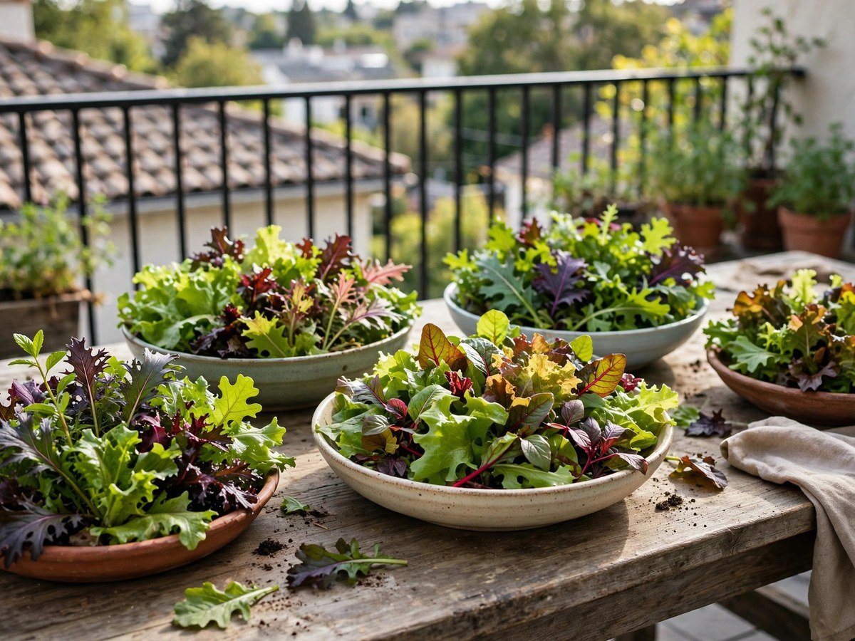 Shallow bowls of colorful salad greens on a balcony