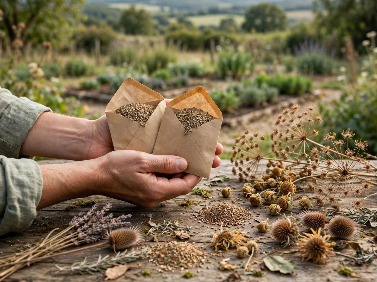 Paper envelopes of saved herb seeds beside dried seed heads on a table