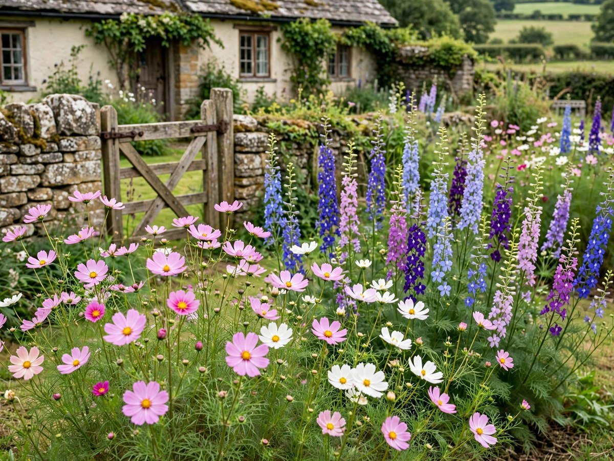 Low Maintenance Flower Gardens Self-seeding cosmos and larkspur naturalized in a cottage garden