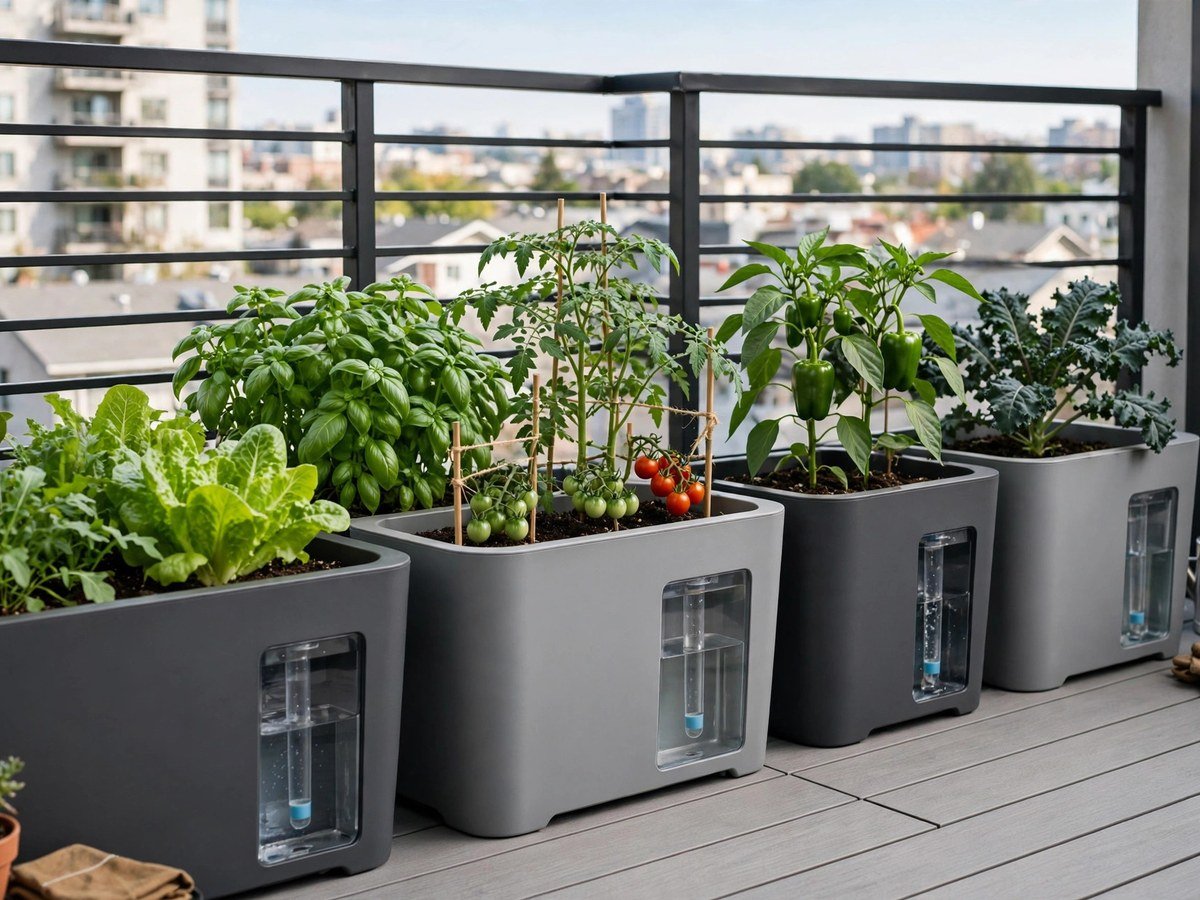 Self-watering planters growing vegetables on a balcony