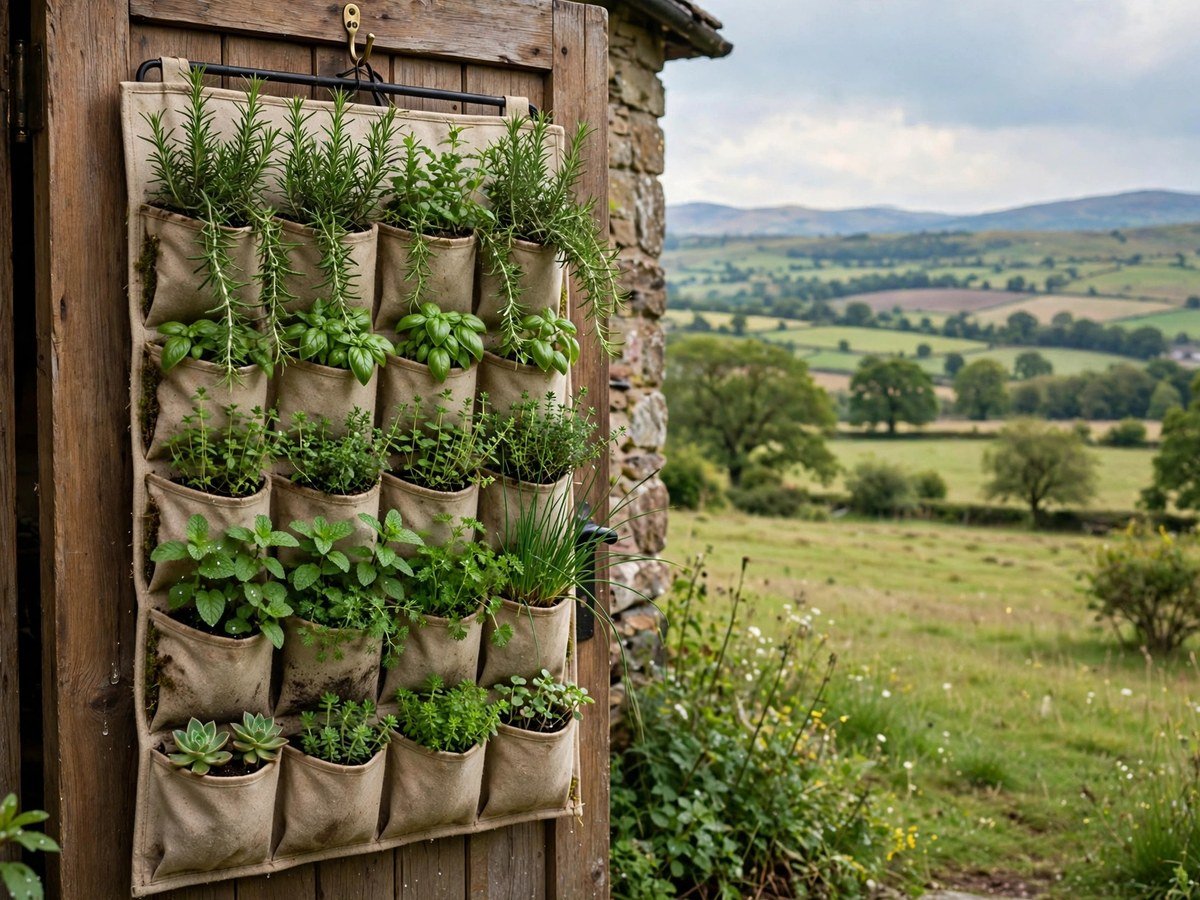Over-door shoe organizer repurposed as a vertical herb planter