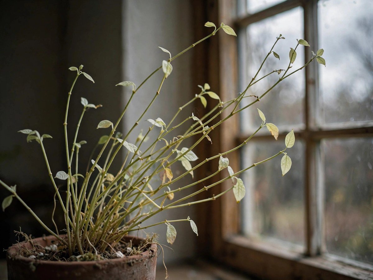 Indoor Plant Lighting Guide Leggy pale houseplant stretching toward a window in low light
